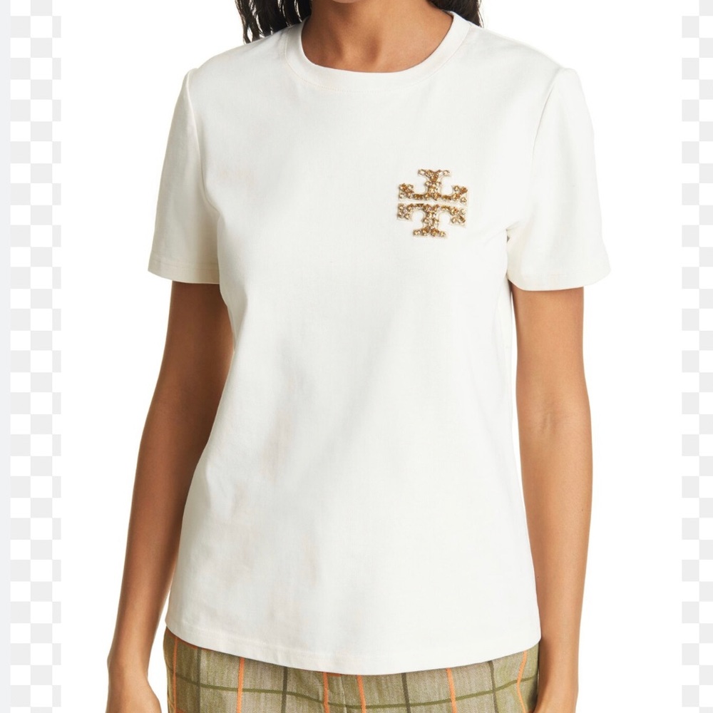 Tory Burch Cream Short Sleeve Logo Tee with Gold Embellishment